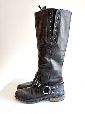 Remonte Dorndorf Bikercore Black Leather Studded Harness Knee High Boots